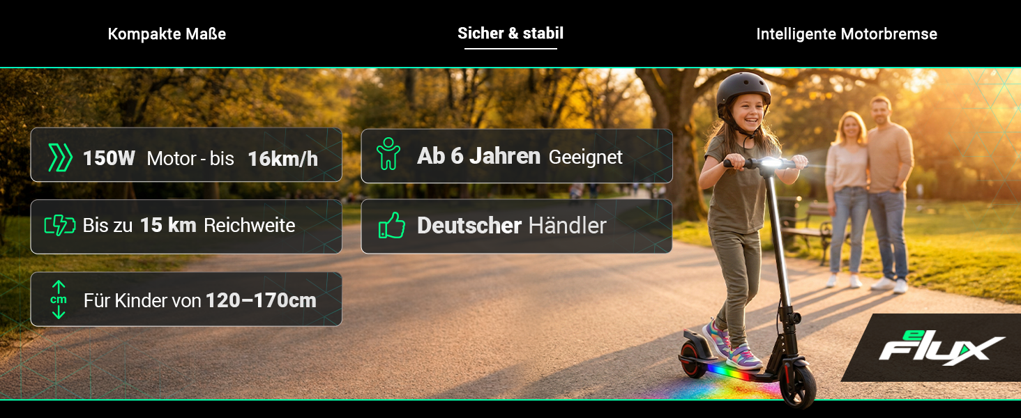 Sicher & Stabil Kinder E-Scooter mit 150-Watt-Motor, bis zu 15 km Reichweite und einer Geschwindigkeit von bis zu 16 km/h